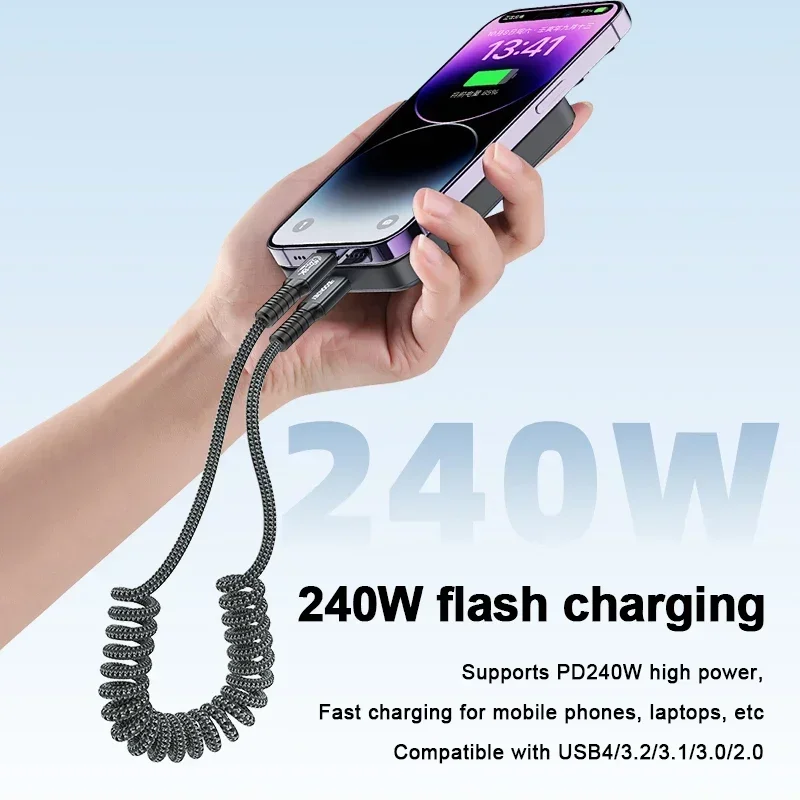 Car Spring USB 4 Type C Cable PD240W Fast Charging USB C Cable 40Gbps Thunderbolt 4 USB-C Data Line for IPhone 16 15 Macbook