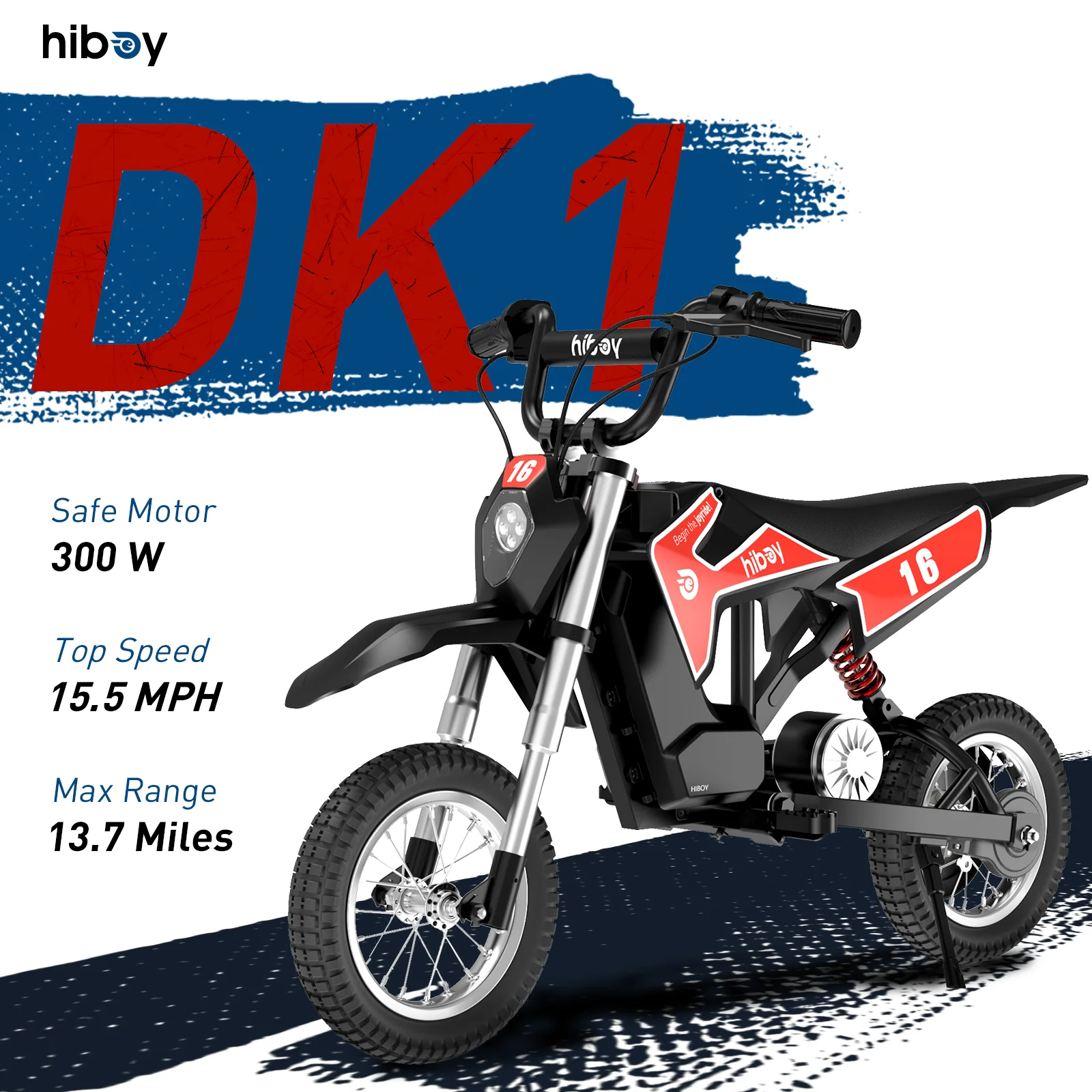 Hiboy DK1 Kids Electric Dirt Bike 36V 300W, 15.5 MPH Off-Road Electric Motorcycle for Kids Ages 3-10, 3 Speed Mini Bike, 13.7 Miles Long Range Rechargeable Battery