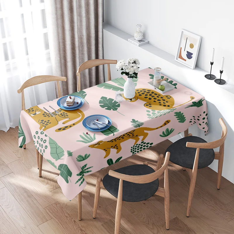 

Animal Print TableclothPink with Yellow Leopards Green Plants Perfect for Dining Room Decor!