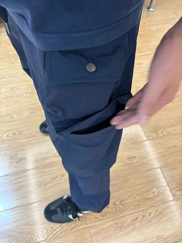 2026 Spring Autumn Men Straight Cargo Pants Japanese Multi Pocket Drawstring Outdoor Sports Trousers High Street Fashion
