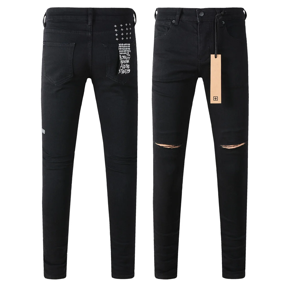 Black Fashion Cross Brand Men KSUBI Jeans High Street Hole Trend Low Rise Skinny Denim Pants Ripped Frayed Trousers 3005