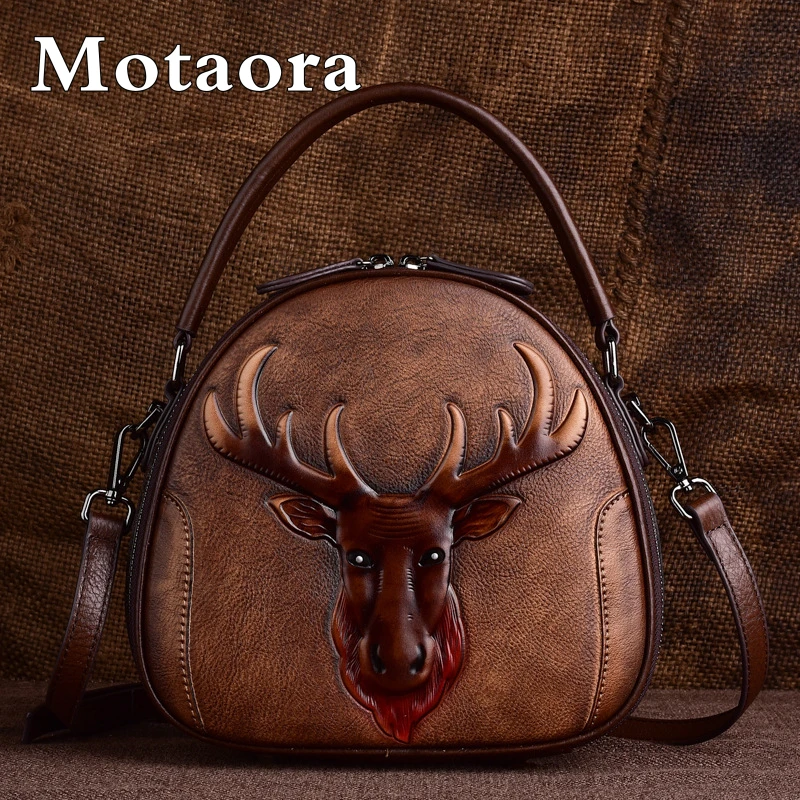 

MOTAORA New Embossed Cowhide Shoulder Bag For Women Fashion Small Deer Head Crossbody Bags Chinese Style Genuine Leather Handbag