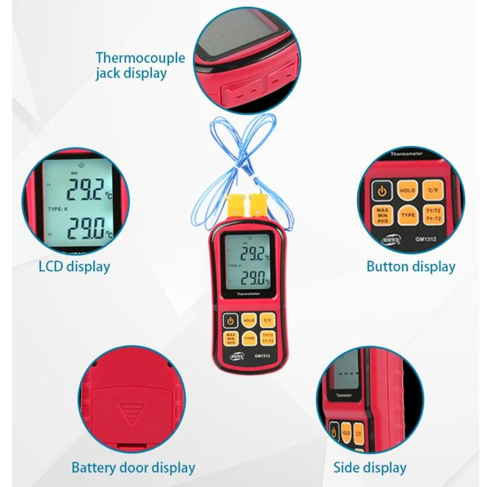 Digital Thermocouple Thermometer GM1312 Dual Channel Display Device for Precise J K T E R S N Type Temperature Monitoring