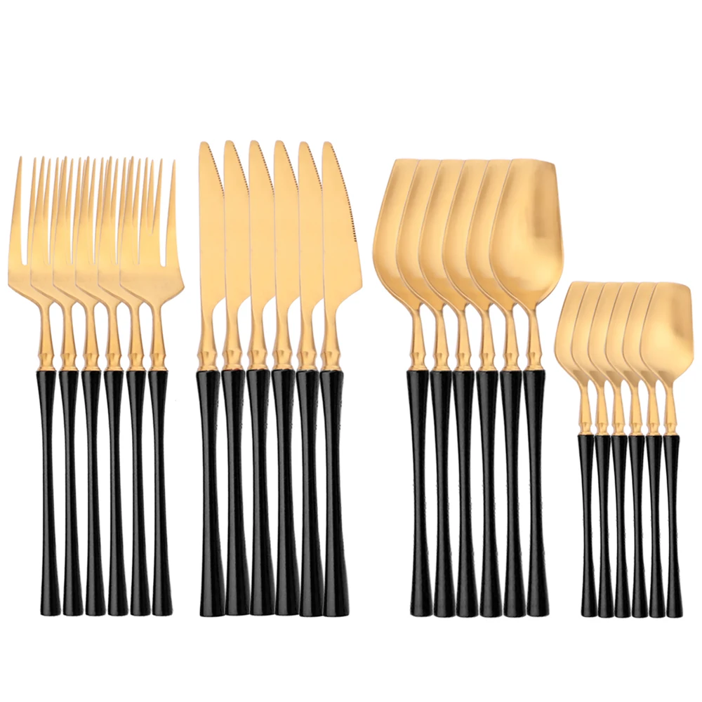 

24Pcs Black Gold Cutlery Set Stainless Steel Tableware Western Dinnerware Dinner Knife Fork Tea Spoon Flatware Set Silverware