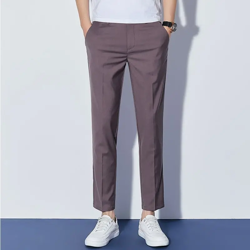 2024 Summer New Trousers Men Solid Color Pockets Button Zipper High Waisted Slim Straight Business Office Lady Casual Suit Pants