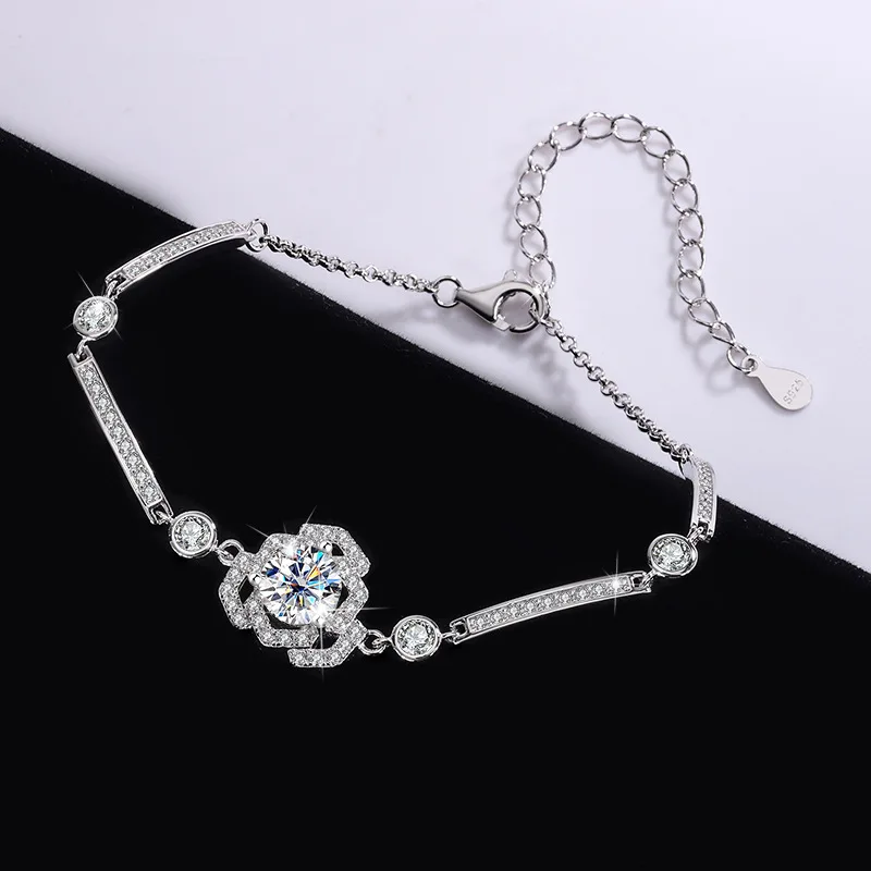 

S925 silver moissanite rose bracelet camellia women's fashion simple versatile accessories party Valentine's Day exquisite gift