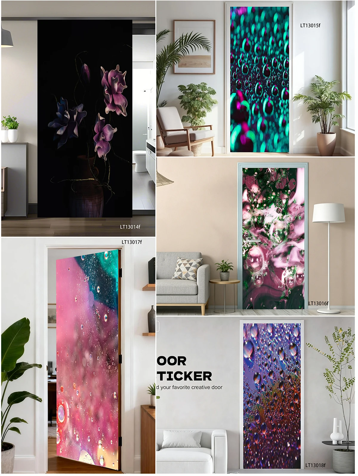 Waterproof Self-Adhesive Door Wallpaper Glowing Neon Flower Dark Floral Print Removable PVC Interior