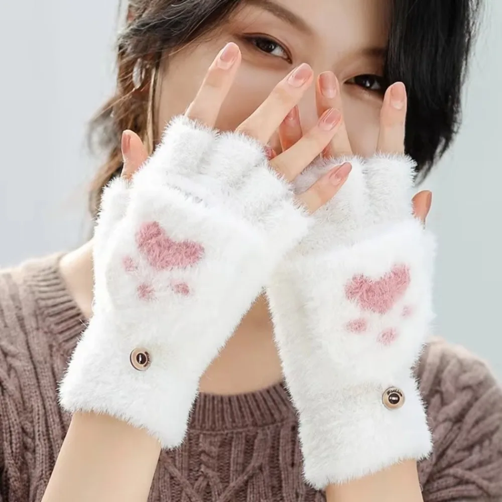 

Fashion Cartoon Cat Paw Gloves Fingerless Warm Fleece Winter Gloves Thicken Soft Plush Touch Screen Gloves Women Girls