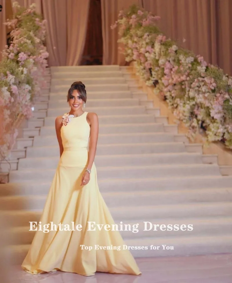 Eightale Arabic Evening Dress Customized O-Neck 3D Flowers Stretchy Satin Yellow Mermaid Prom Wedding Party Gowns image 4