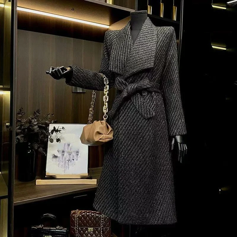 

2025 new autumn winter Fashion long coat for women black tweed Noble Trend woolen lady coat belt slim fit generous British style