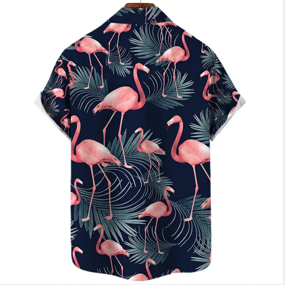 Flamingo Print Hawaiian Men\'s Shirt Ideal for Summer Vacations and Vacation Wear Men\'s Casual Short Sleeve Oversized Tops