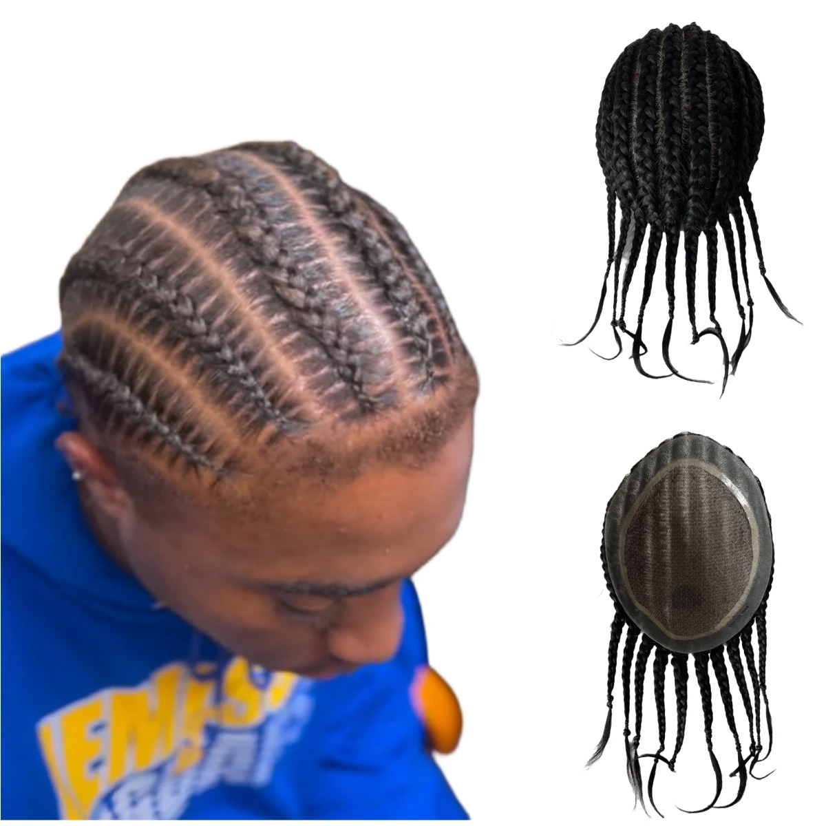

Европейские парики из натуральных волос # 1B натуральный цвет Cornrow Braids Silk Base Toupee 8x10 Silk Unit для чернокожих мужчин