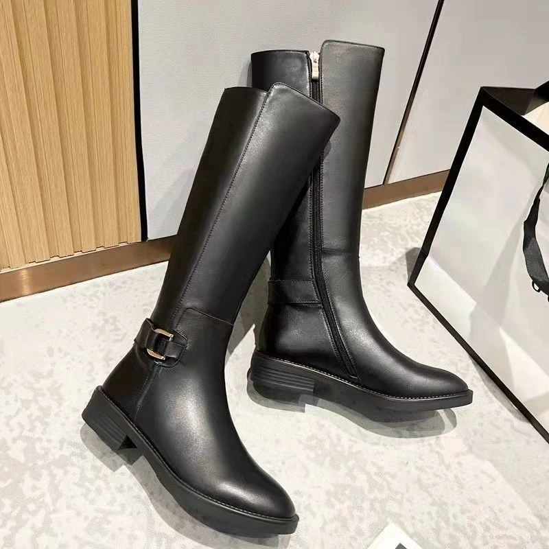 الخريف الشتاء كعب منخفض النساء حذاء برقبة للركبة موضة السوستة الجانبية الجوارب الطويلة Zapatos De Mujer
