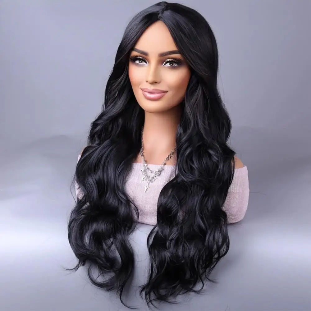 Perruque Synthétique Longue Bouclée Ondulée Brune pour Femme, Faux Cheveux, Partie Moyenne, Degré de Chaleur, Toute Vinc