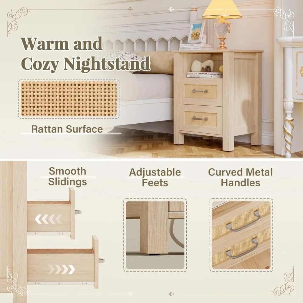 Meja Nakas Rotan 26 inci dengan Stasiun Pengisian Daya, 2 Laci & Rak Terbuka, Meja Samping Tempat Tidur Modern untuk Rumah