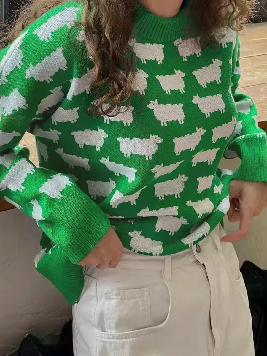 Wolfeel Women's Loose Casual Sweater O-neck Alpaca Printed Mid Length  Retro Fashion Sweater Autumn Winter New Warm Pullover Top