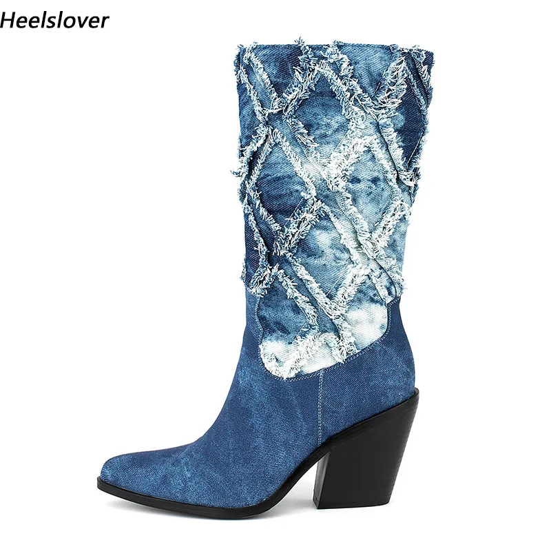 

Ahhlsion Handmade Women Winter Mid Calf Boots Denim Chunky Heels Pointed Toe Blue Western Shoes Ladies US Size 5-13