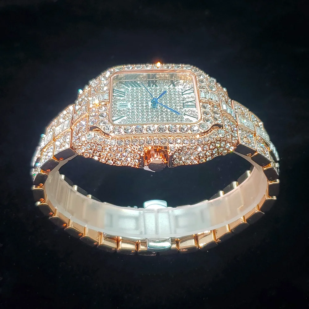 ساعة ماسية كاملة فاخرة للرجال شعبية الذهب الوردي مثلج خارج ساعات كوارتز موضة الهيب هوب مجوهرات Reloj Hombre دروبشيبينغ