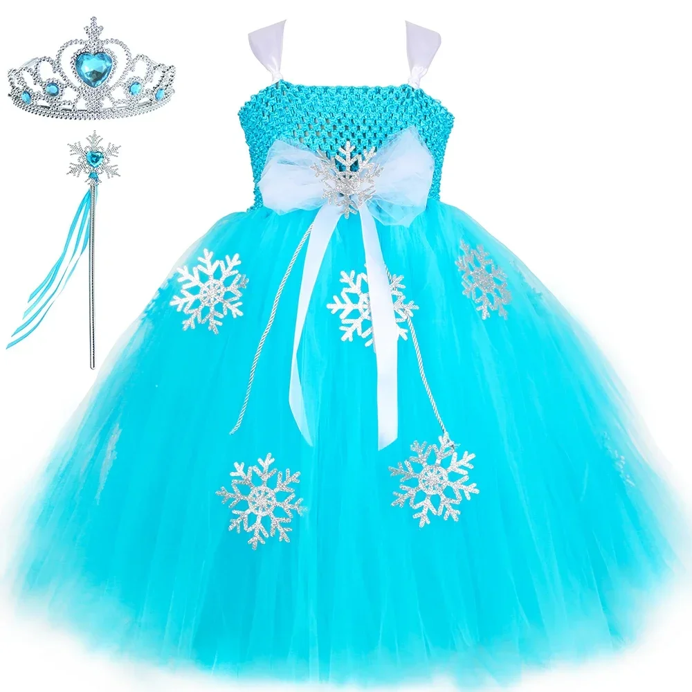 Princess Elsa Costume for Girls Sky Blue Snowflake Snow Queen Tutu Dress Ball Gown Kids Halloween Birthday Party Tulle Dresses