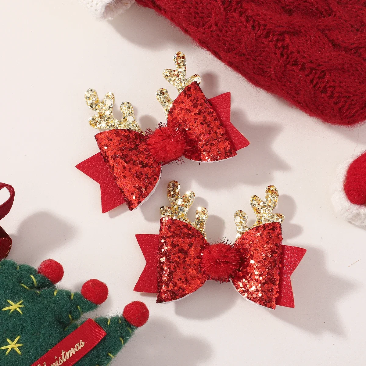 2/4 шт., блестящие банты красного и золотого цвета, заколки для волос для девочек, рождественские заколки для волос с оленем, блестящий держатель для хвоста, головные уборы, аксессуары для волос