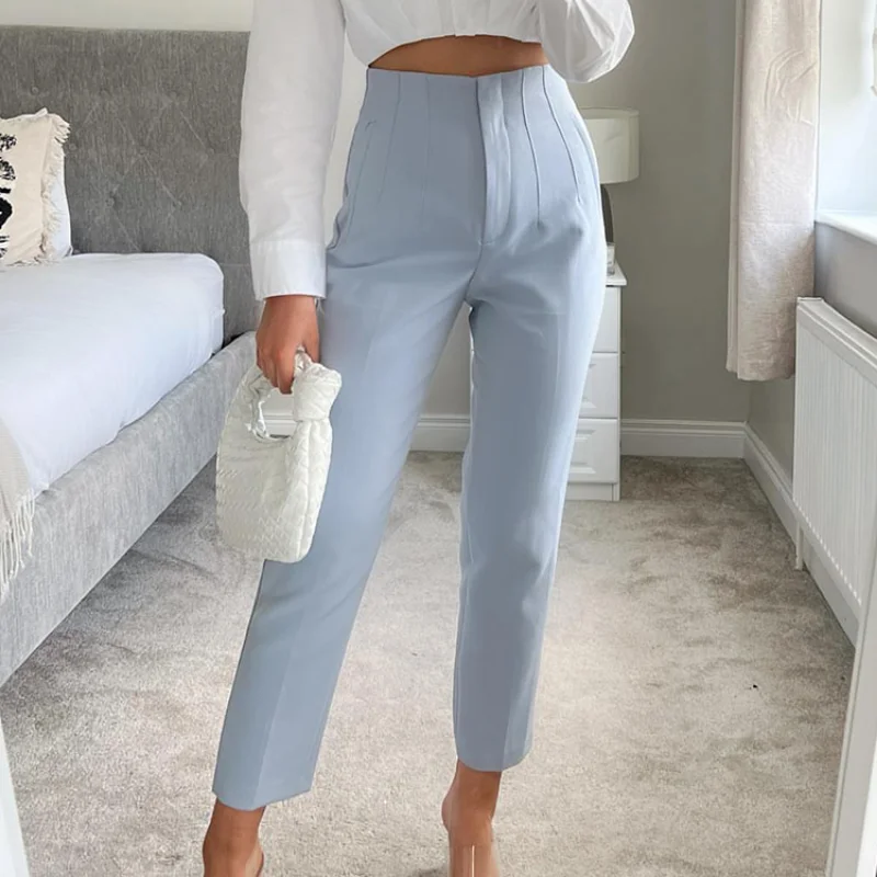 

Women Light Blue Chic Fashion Office Wear Straight Pants Vintage High Waist Zipper Fly Female Trousers Fashion 2023 Clothes