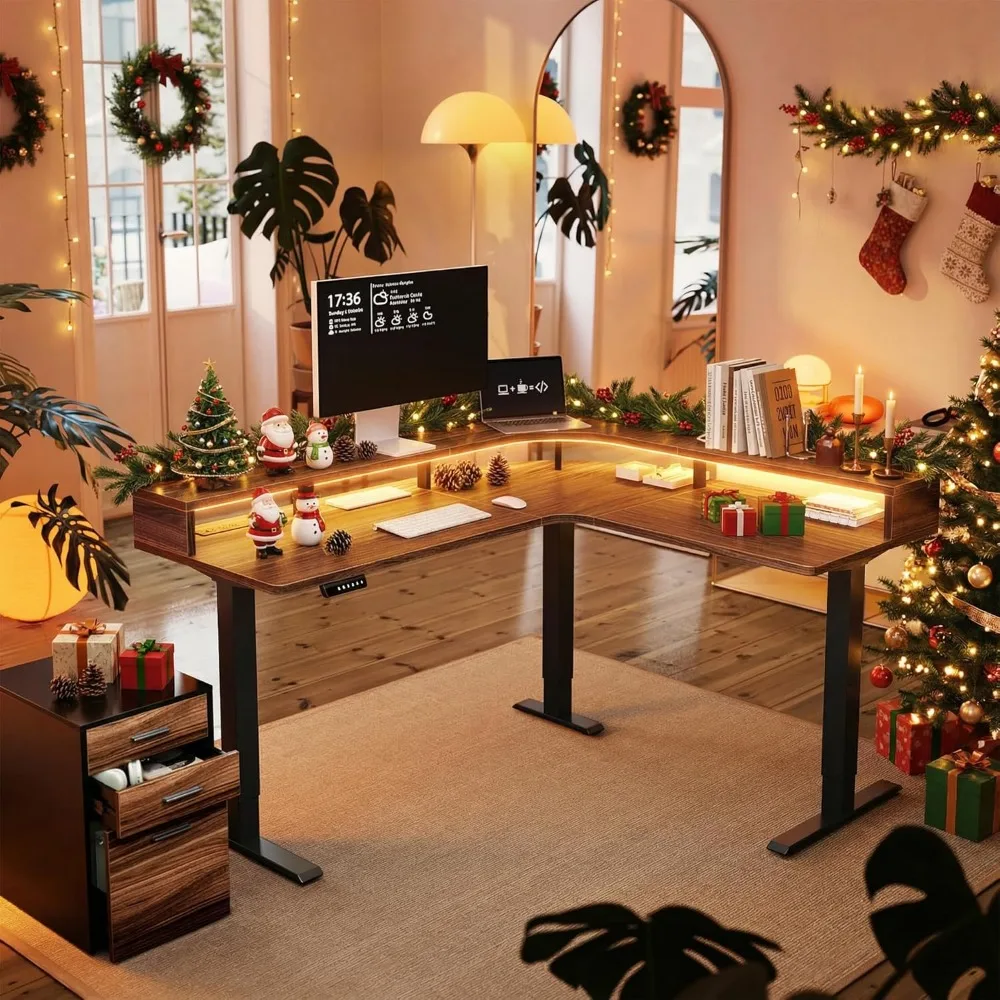 

Electric L Shaped Stadning Desk with LED Strip & Power Outrlets, 63 x 55 2-Tier Height Adjustable Sit Stand up Desk.