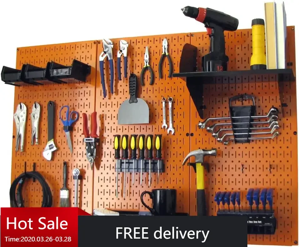 Wall Control 4 ft Metal Pegboard Standard Tool Storage Kit with Orange Toolboard and Black Accessories