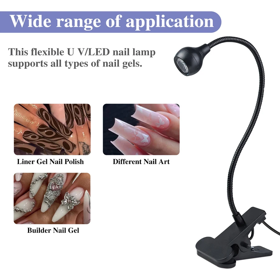 5W UV Gel Nail Curing Lamp, LED UV Light with Clip and Flexible Tube, Nail Dryer for Gel Polish