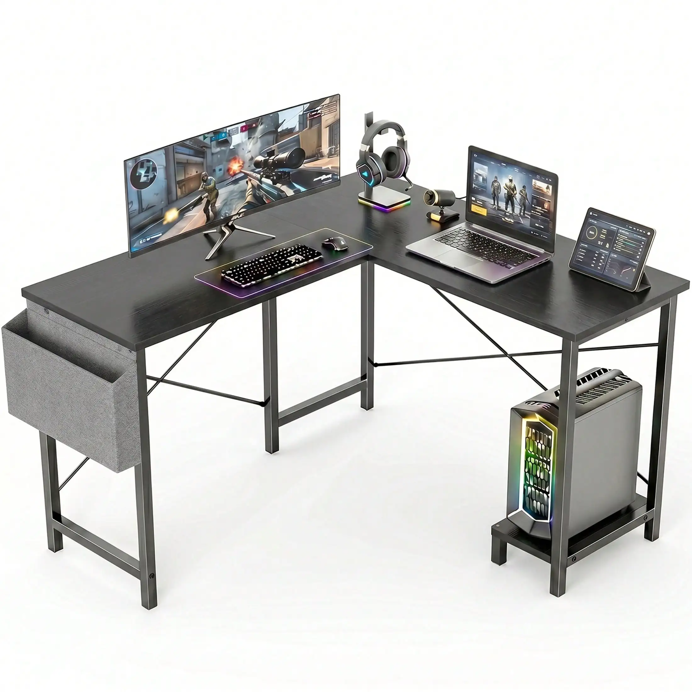 GGBDNP49in Reversible L Shaped Computer Desk With Storage, Coner Desk With Wooden Desktop, CPU Stand And Side Bag For Home