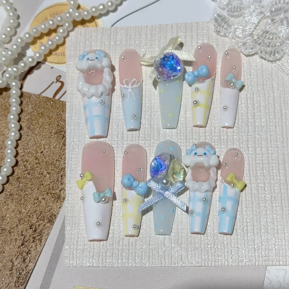 ยาวรูปไข่ Stilettos หรูหราภาษาฝรั่งเศสคําเจ้าหญิงสีชมพู Handmade กดบนเล็บ Art Rhinestone Cat Eyes Shining เล็บยาวของขวัญ