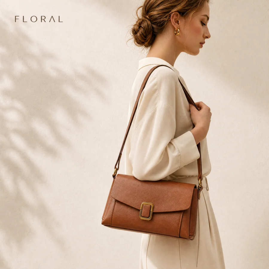 FLORAL Genuine Leather Crossbody Bag for Women Brown Flap Shoulder Satchel Adjustable Strap for Vacation Festival Weekend Travel