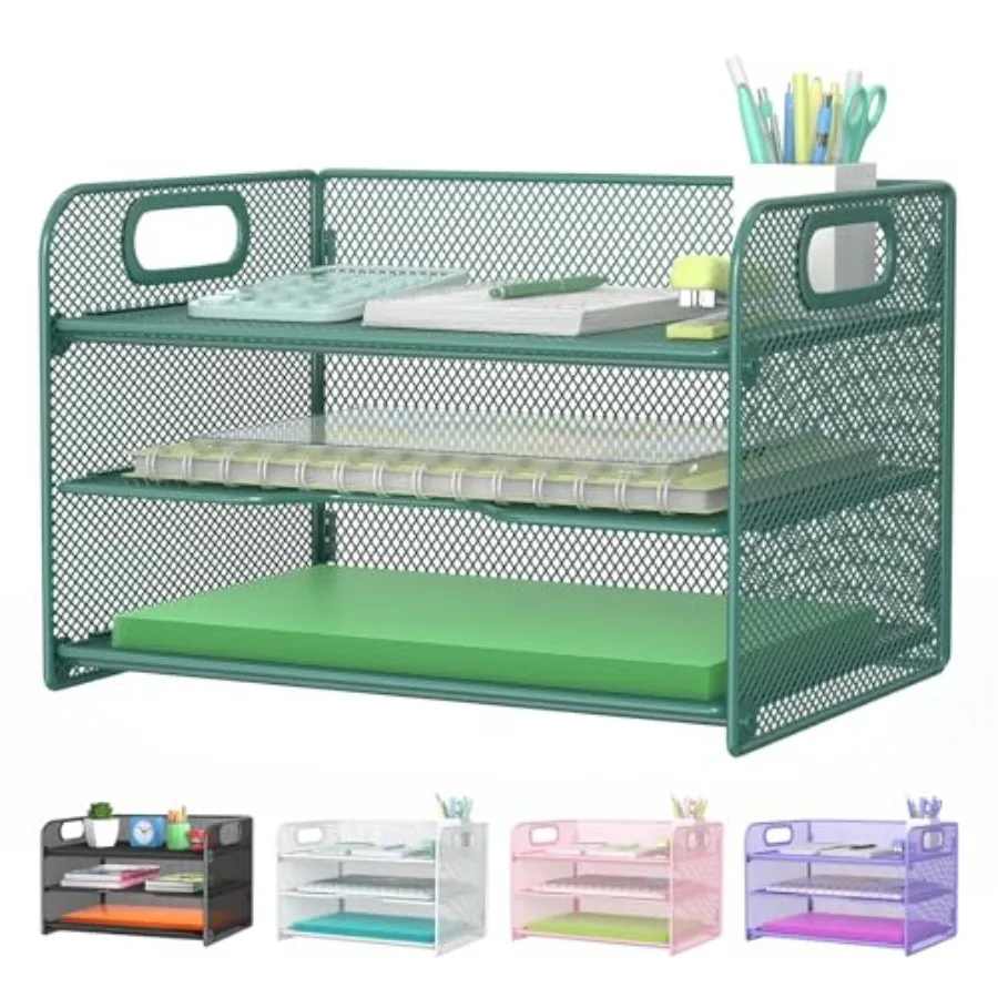

3 Tier Green Letter Tray Paper Organizer with Handle, Mesh Desk Organizer Paper Sorter File Rack Shelves, Green