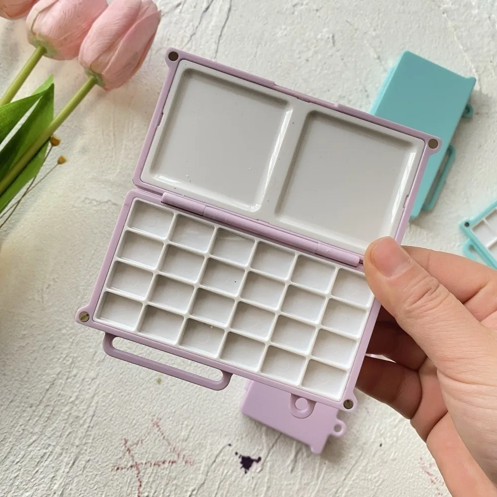 Compact Magnetic Watercolor Paint Box 24 Grid Mini Travel Painting Tray Waterproof Foldable Plastic Pigment Box Travel Use