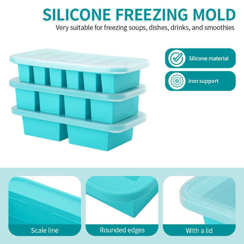 

2pcs Silicone Freezer Tray Mold with Lid, Storage Box Food Box, Storage Containers for Soup, Broth, Meal Prep, Ice Cubes