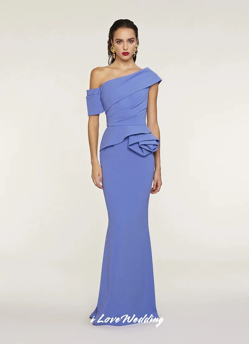 

Blue Off the Shoulder Evening Dresses 2025 Satin Sleeveless Pleated Mermaid Elegant Floor-Length Wedding Party Dress Customized