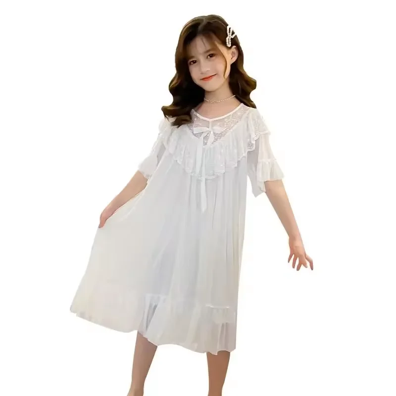 Summer Thin Lace Girls Nightgown Solid Color Mesh Children Home Clothes Long Nightdress Sweet Princess Style Baby Girl Nightgown