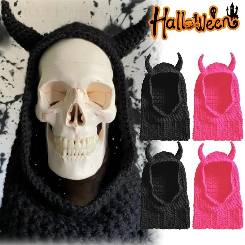 1-4PCS Halloween Devil Horn Knit Beanie Warm Thick Winter Cap Novelty Costume Hat for Women Girls Cold Weather Streetwear