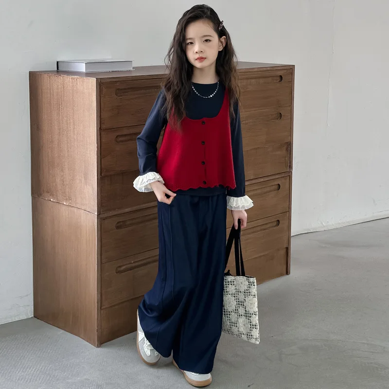 

Junior Girls 3pcs Outfit Autumn Lace Patchwork Long Sleeves Undershirt+Single-breasted Vest+Wide Leg Pant Children Girls Sets