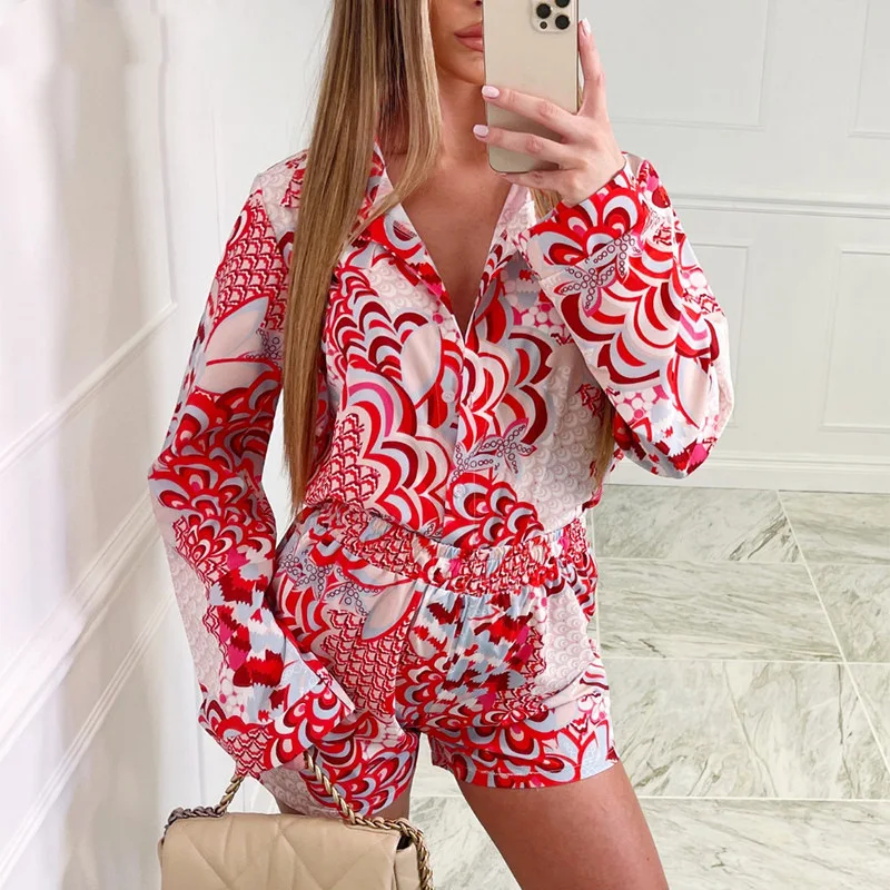 

Women Clothing European and American New Hot-selling Printed Seven-quarter-sleeved Shorts Casual Suit