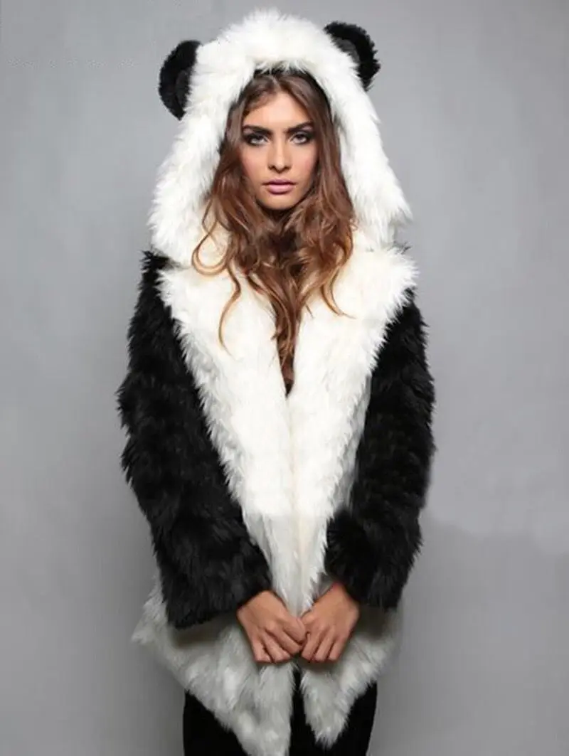 Like Wolf Artificial Fox Fur Coat Cartoon Ear Hooded Faux Rabbit Fur Coats h Jacket Faux Fur Hood Animal Hat Women Outwear