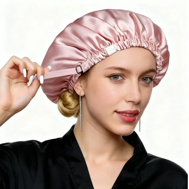 

Большой спальный чепчик из 100% тутового шелка — двухслойная защитная шапочка для волос с регулируемой лентой — шелковый ночной головной убор для женщин