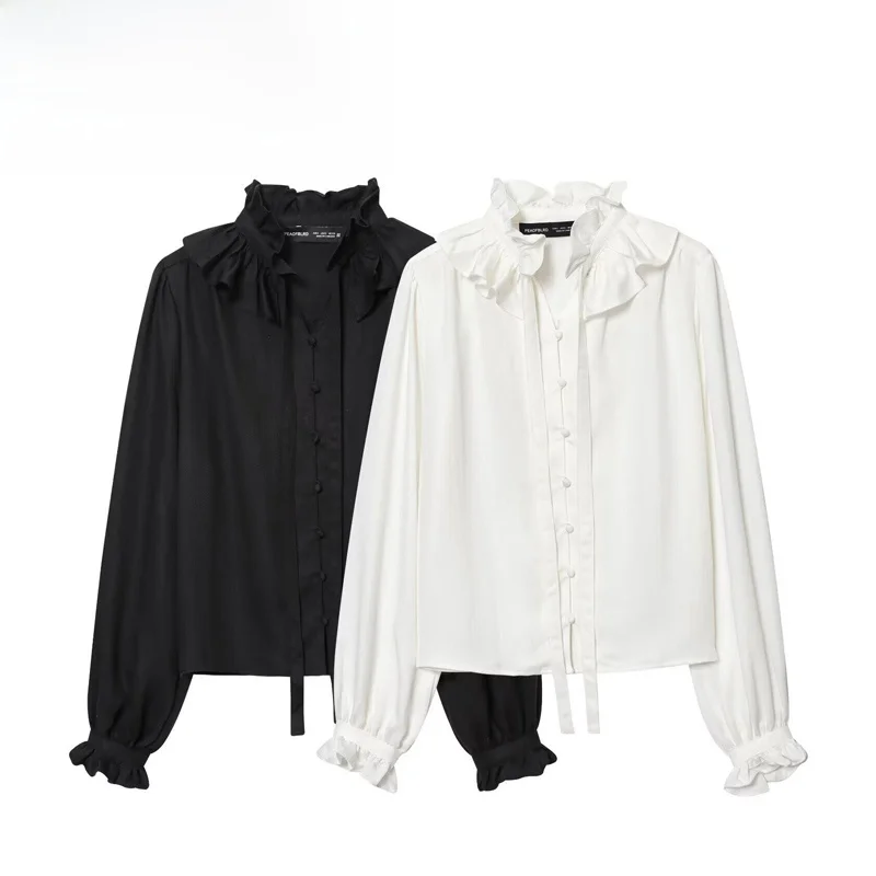 Elegant Gathered Collar Top for Women Fashionable Versatile Polyester Fiber Long Sleeve Breathable Comfortable European Style