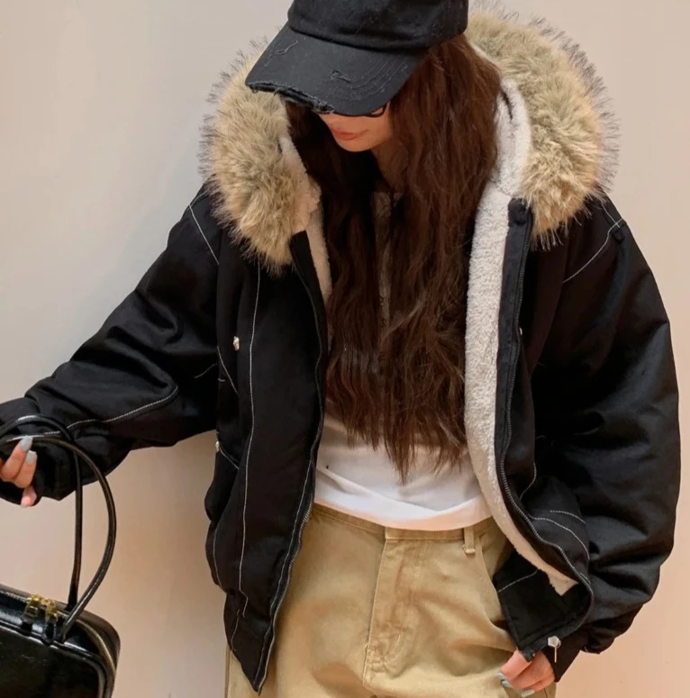 Manteaux pour femmes, Streetwear, col en fourrure, Parkas à capuche, Y2k, Harajuku, vestes épaisses rembourrées, décontractées, fermeture éclair, gothique