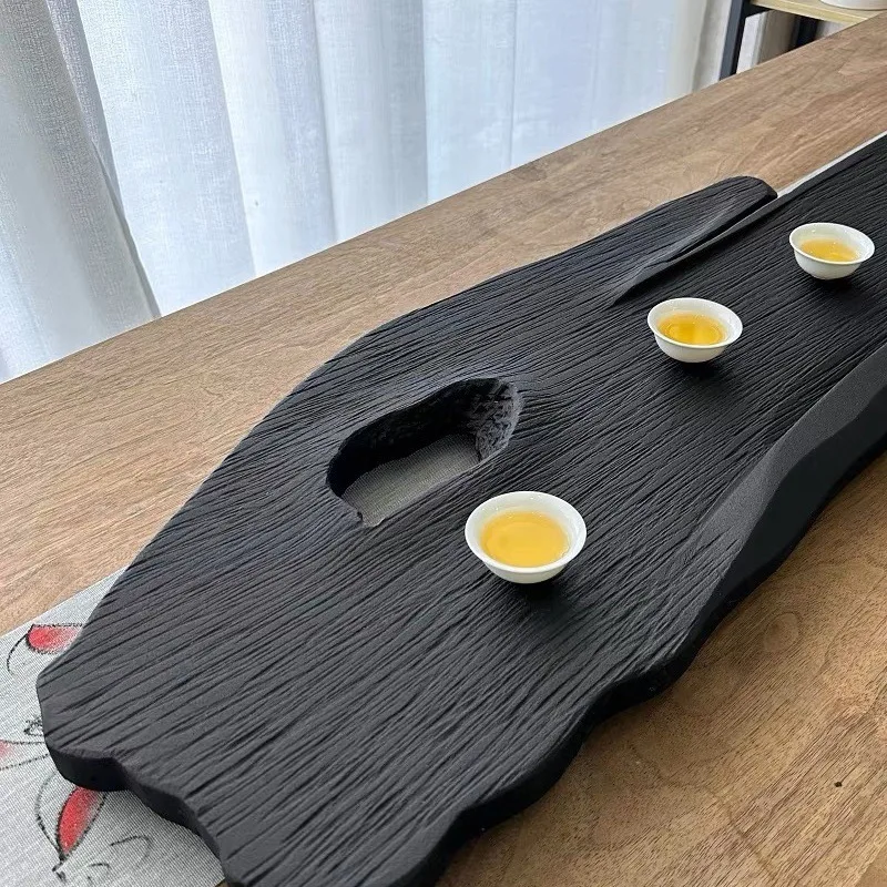 Simple black gold stone tea tray creative light luxury stone tea table stone slate drainage tea set brewing sea black gold cross