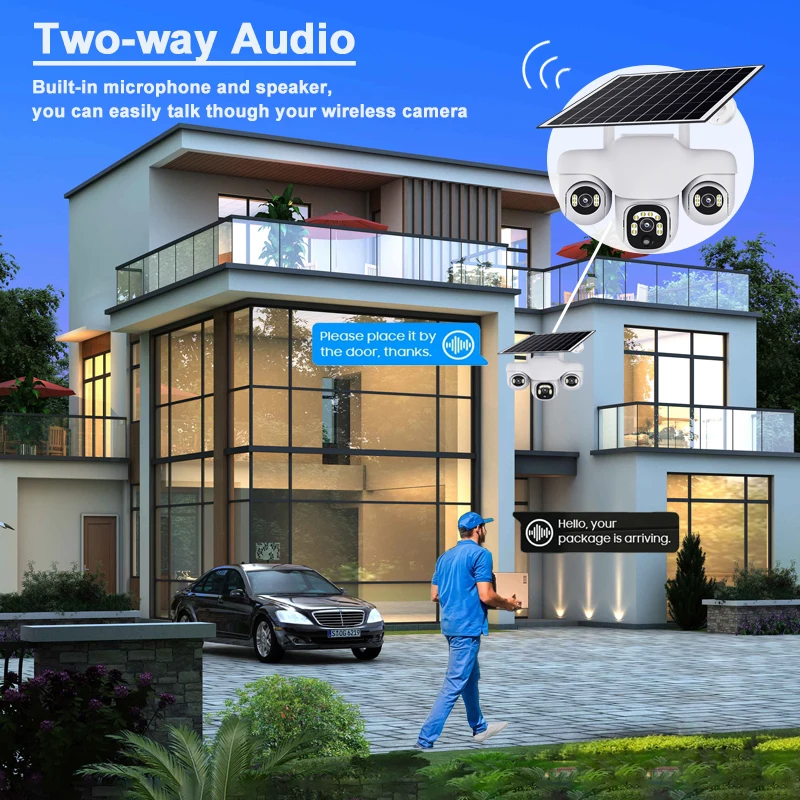كاميرات 4G بعدسة ثلاثية مع لوحة طاقة شمسية 12 ميجابكسل مراقبة CCTV خارجية PIR كشف الإنسان للرؤية الليلية المدمج في البطارية