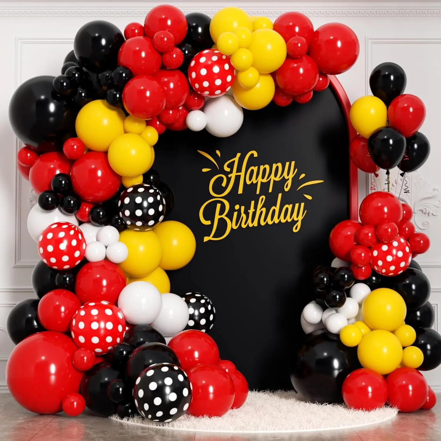 Kit d'arche de ballons 128 pièces rouge, jaune et noir, thème souris de dessin animé, décorations de fête pour anniversaire, anniversaire de mariage, baby shower, toile de fond
