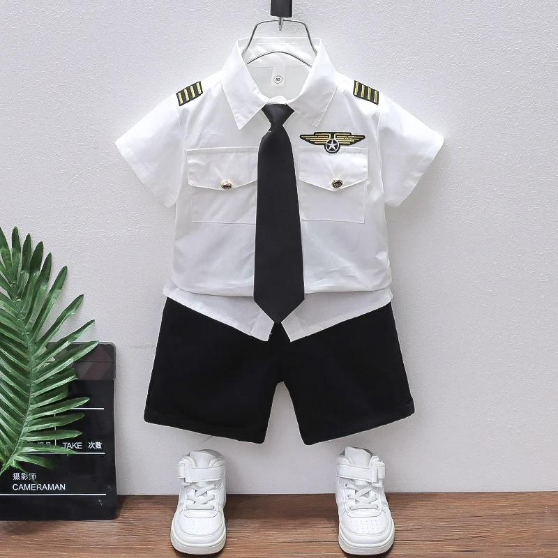 Children\'s Chinese captain clothing, little boy aviation uniform set, boy police uniform, pilot performance costumes