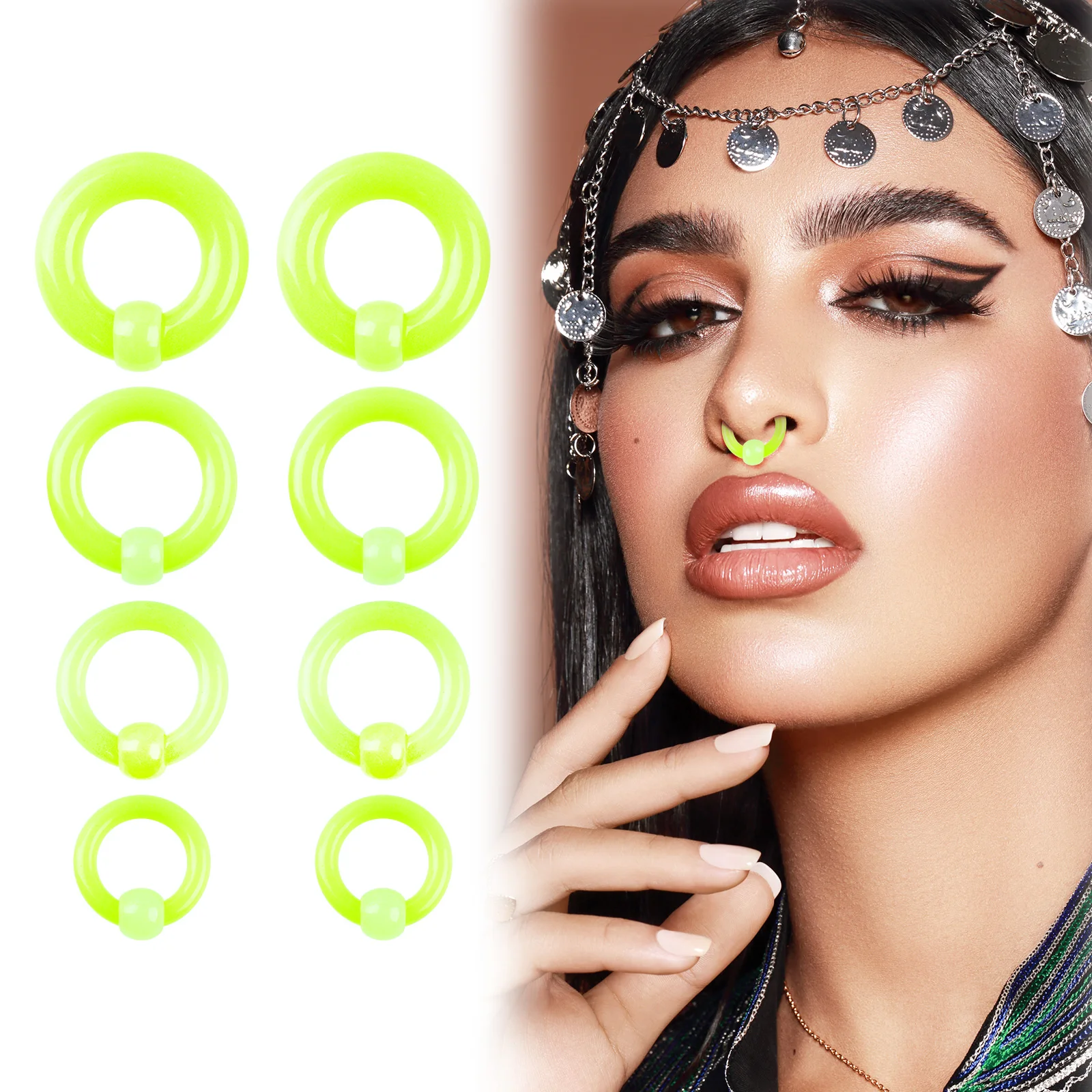 1PC Acrylic Nose Piercing Single Ball Nose Ring Fluorescent Green Creative Hip-Hop BCR Piercing Jewelry for Man and Woman