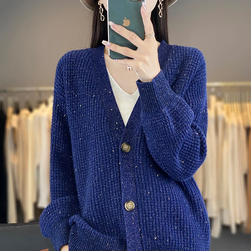 100% Pure Wool Sweater, Women's Knitted Cardigan, Loose Fitting Autumn  Winter New Cashmere Sweater,V-neck Korean Version Jacket