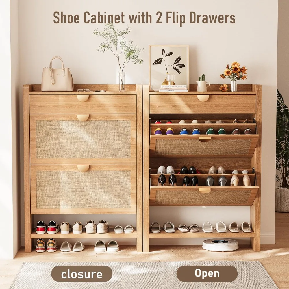 Narrow Rattan Free Standing Shoe Storage Cabinet & 2 Flip Drawers Hidden Shoe Organizer, Custom